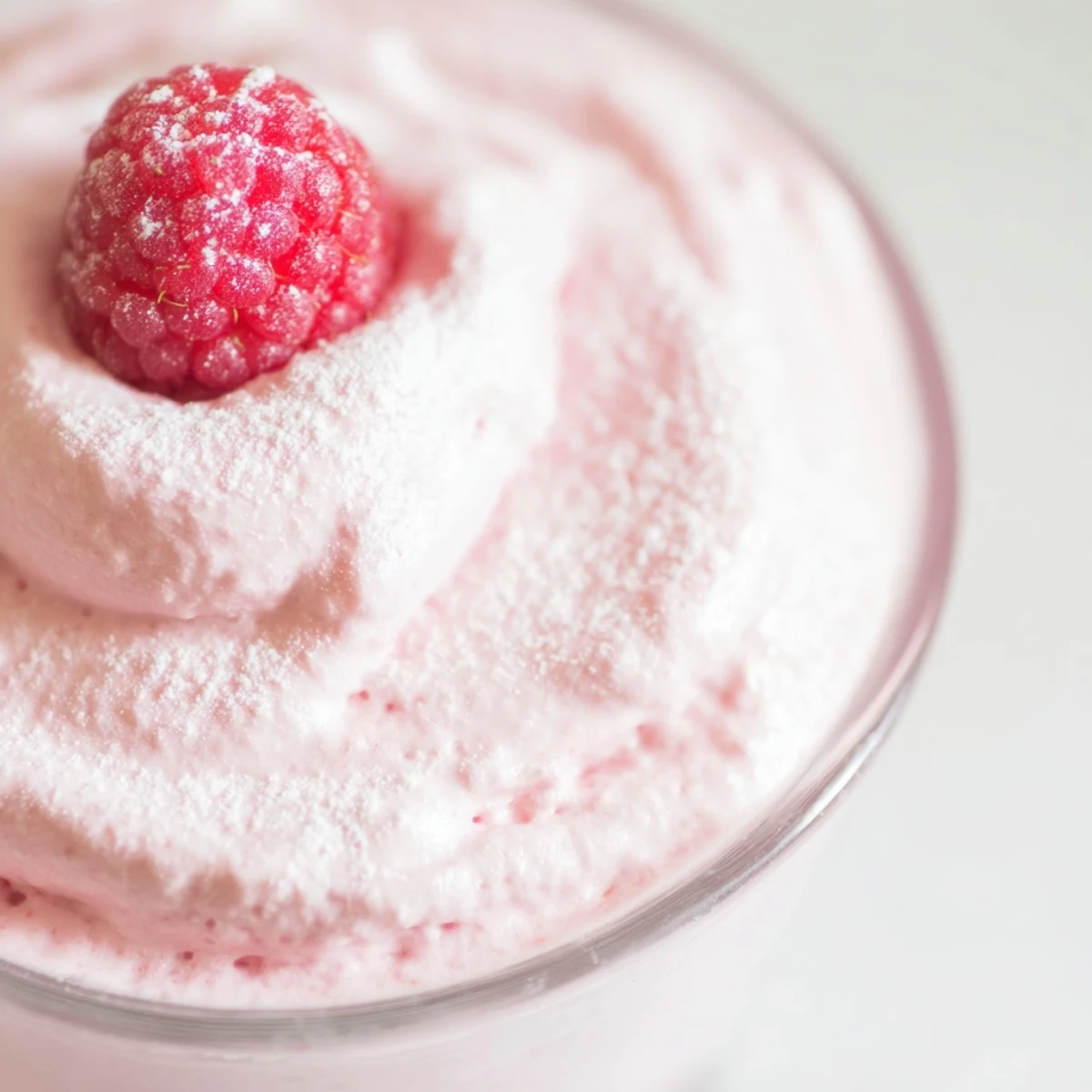 Silky pink raspberry cloud mousse swirled into transparent dessert cups ready for serving