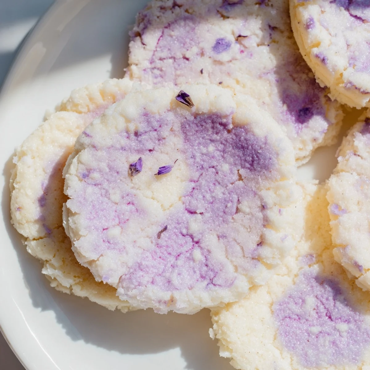 Soft lilac sugar cookies with delicate purple flecks arranged on a rustic white serving plate