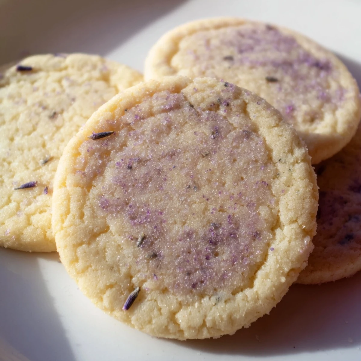 Buttery lilac sugar cookies cooling on a wire rack with lightly golden edges