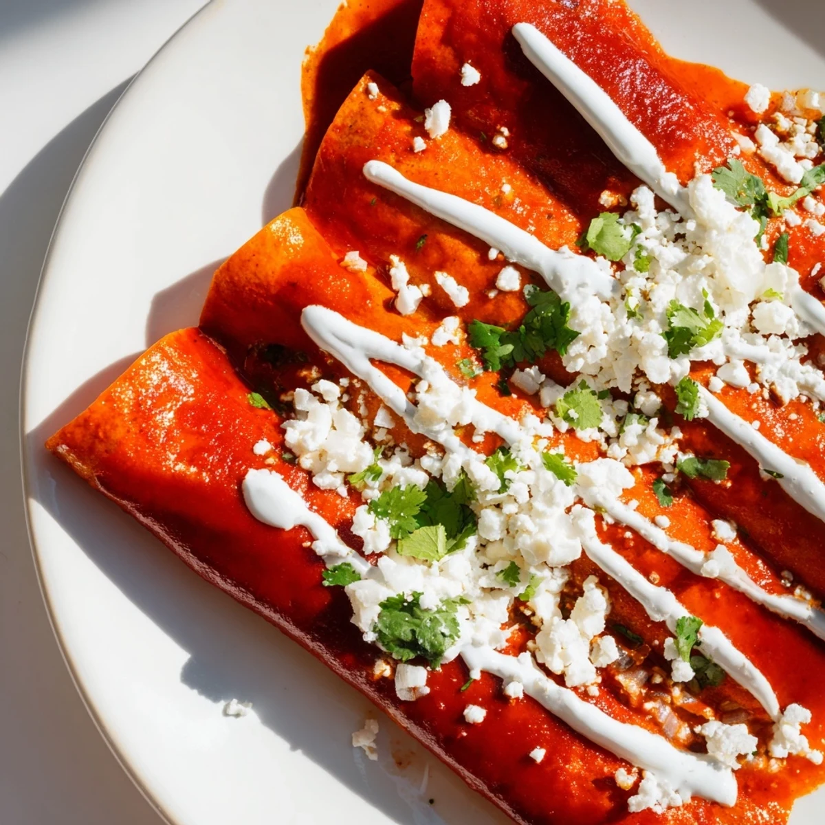 Golden entomatadas draped in rich red tomato sauce topped with crumbled queso fresco and fresh cilantro