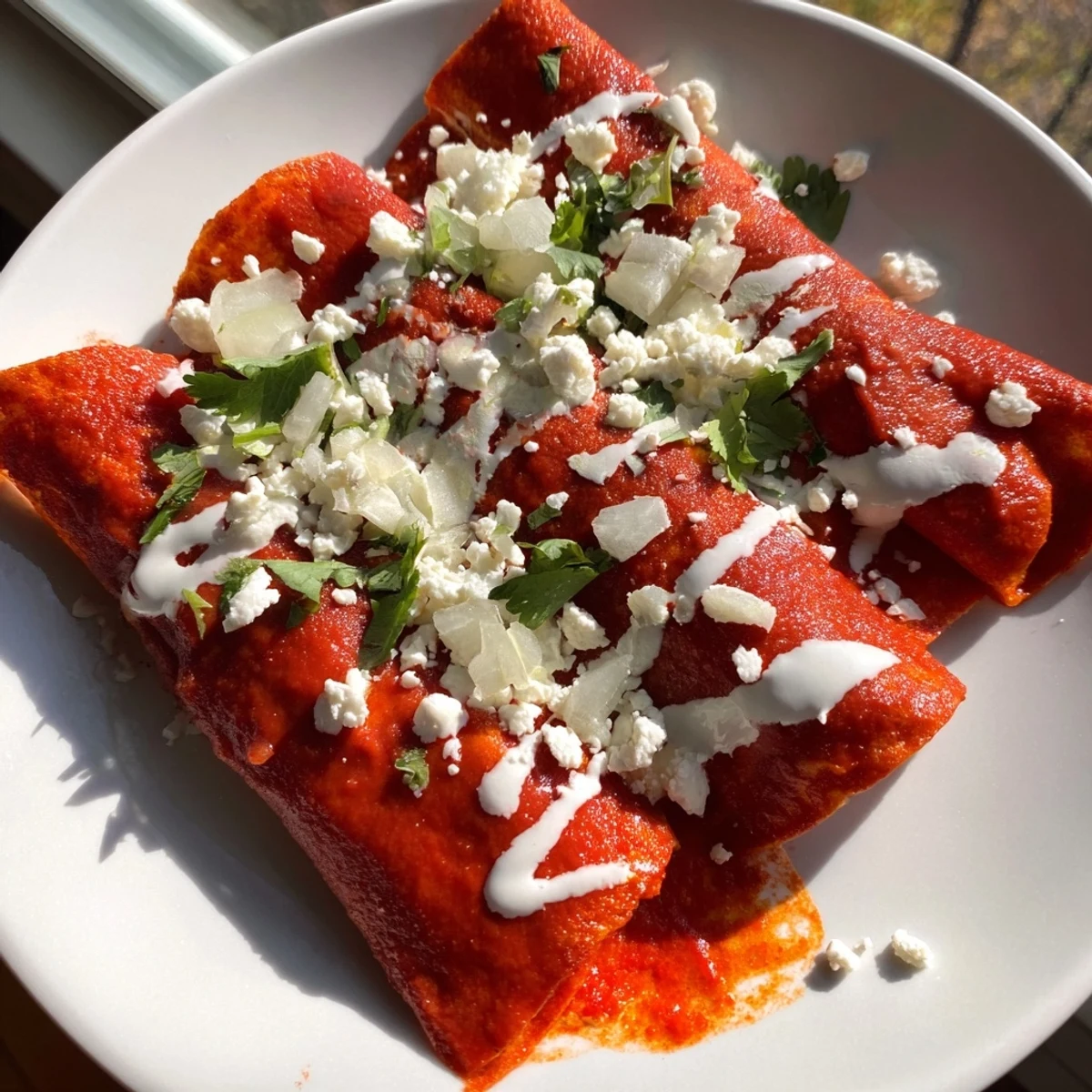 Warm corn tortillas coated in vibrant tomato sauce folded and garnished with creamy Mexican crema drizzle