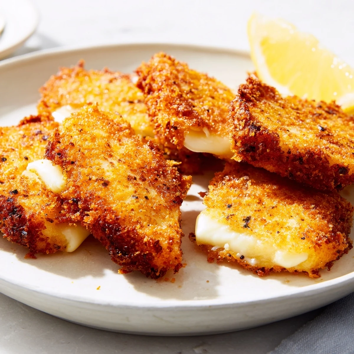 Golden crispy Greek fried cheese sizzling in pan with fresh lemon wedges nearby