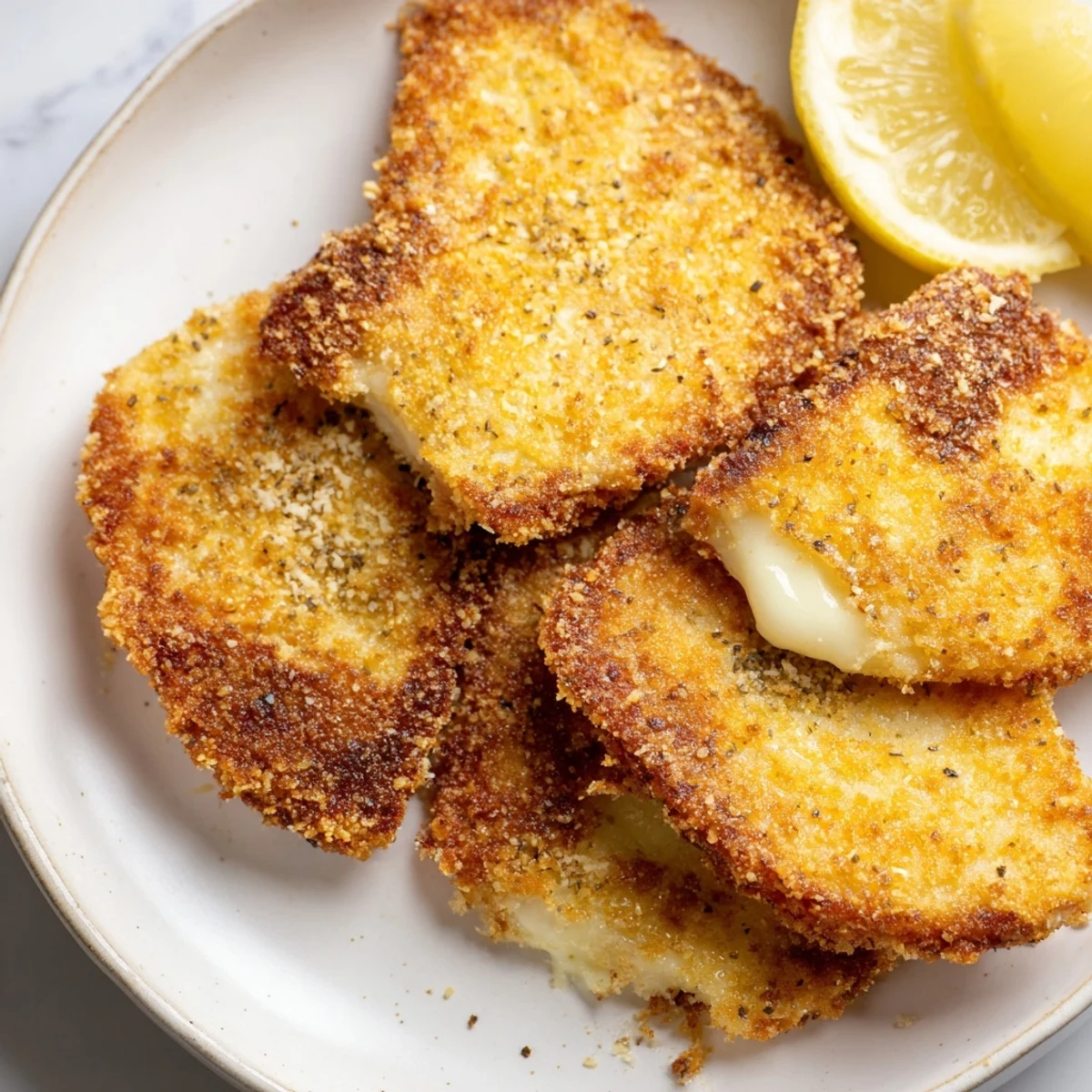 Crusty Greek fried cheese on wooden board drizzled with bright citrus juice