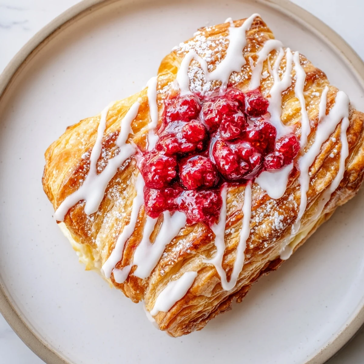 Golden Sourdough Discard Raspberry Cream Cheese Danishes drizzled with sweet vanilla glaze on rustic parchment