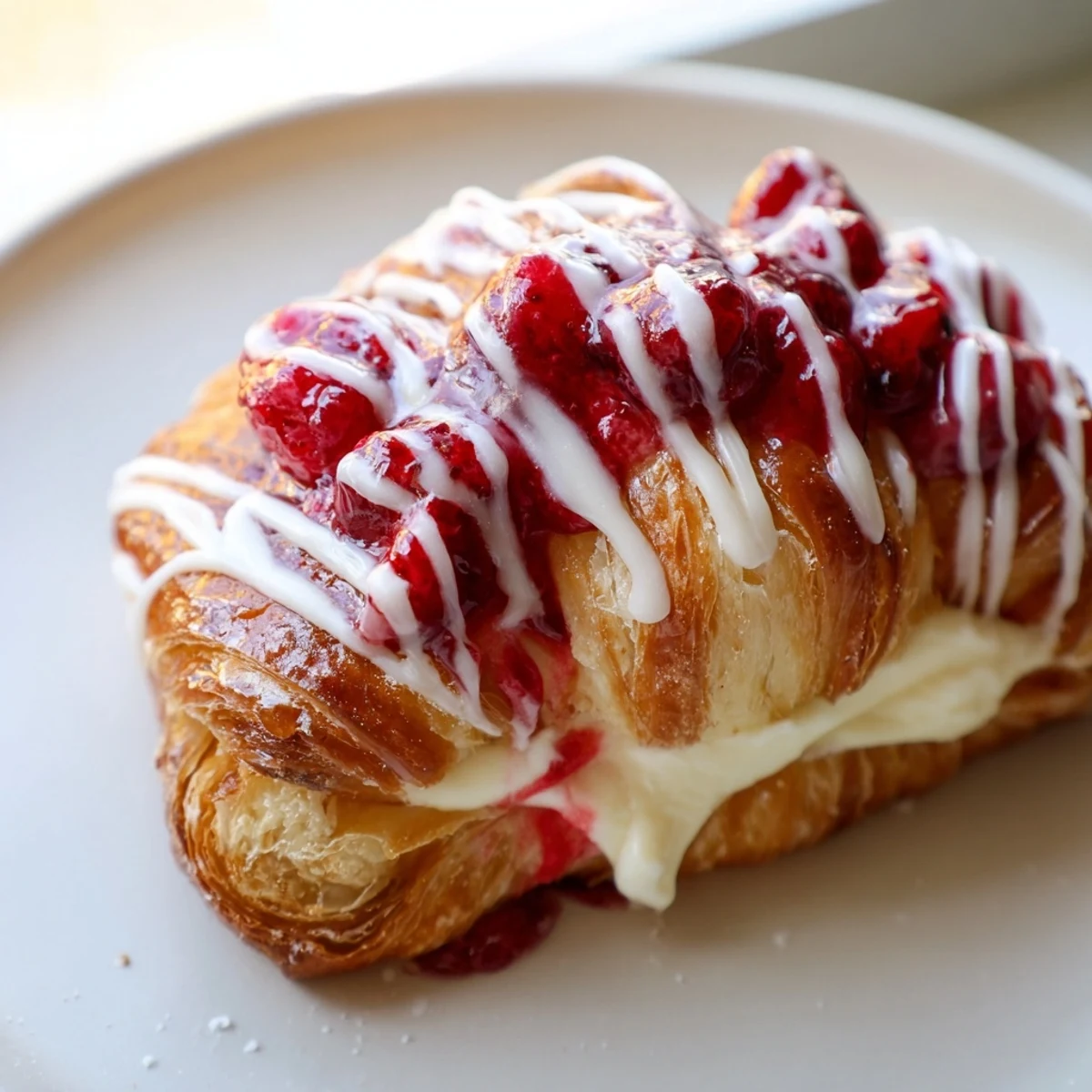 Flaky pastries filled with tangy cream cheese and bright red raspberries, fresh from the oven