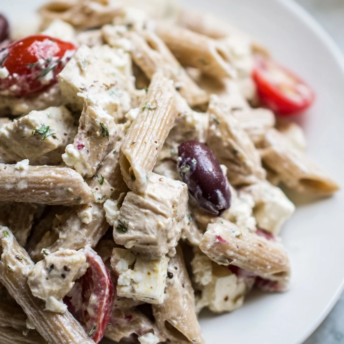 Colorful High Protein Greek Pasta Salad loaded with feta, fresh vegetables, and tender chicken pieces
