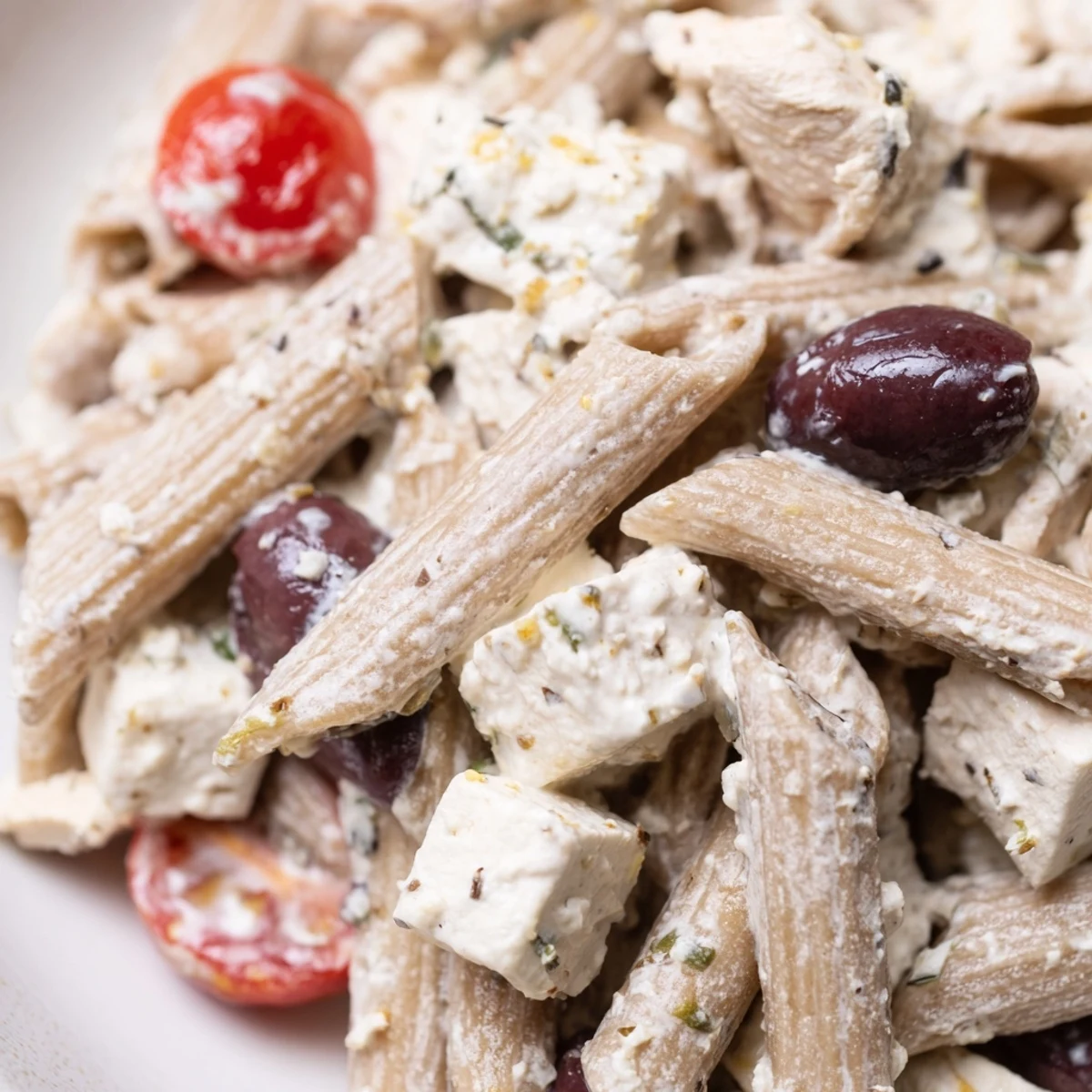 Creamy High Protein Greek Pasta Salad in a bowl with cherry tomatoes, cucumber, and olives