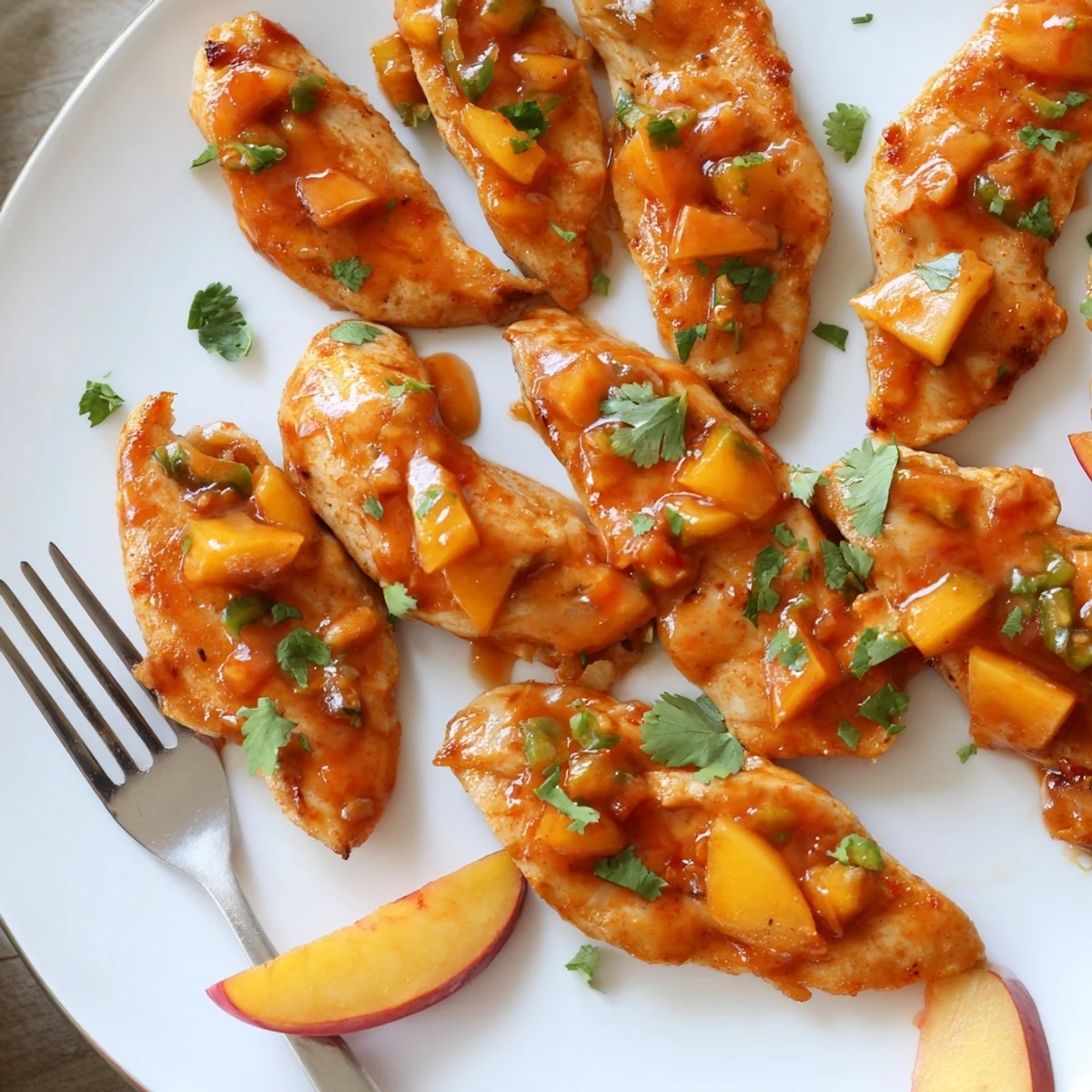 Golden seared jalapeno peach chicken glazed with glossy sweet-spicy sauce on a white plate