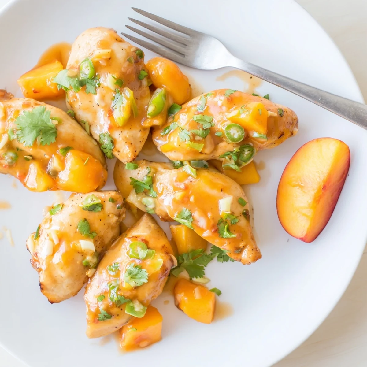 Juicy chicken breasts topped with caramelized peach jalapeno sauce and fresh green herbs