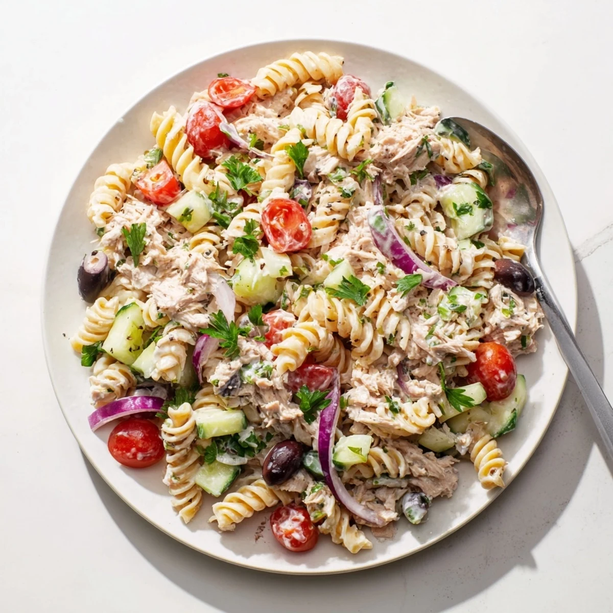 Tuna pasta salad loaded with flaky tuna colorful vegetables and tangy dressing