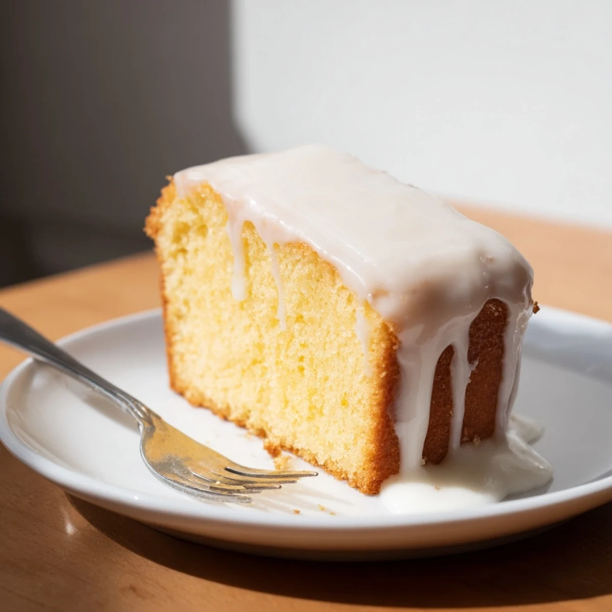 Golden church cake with vanilla glaze drizzled over a moist, tender sponge ready to slice