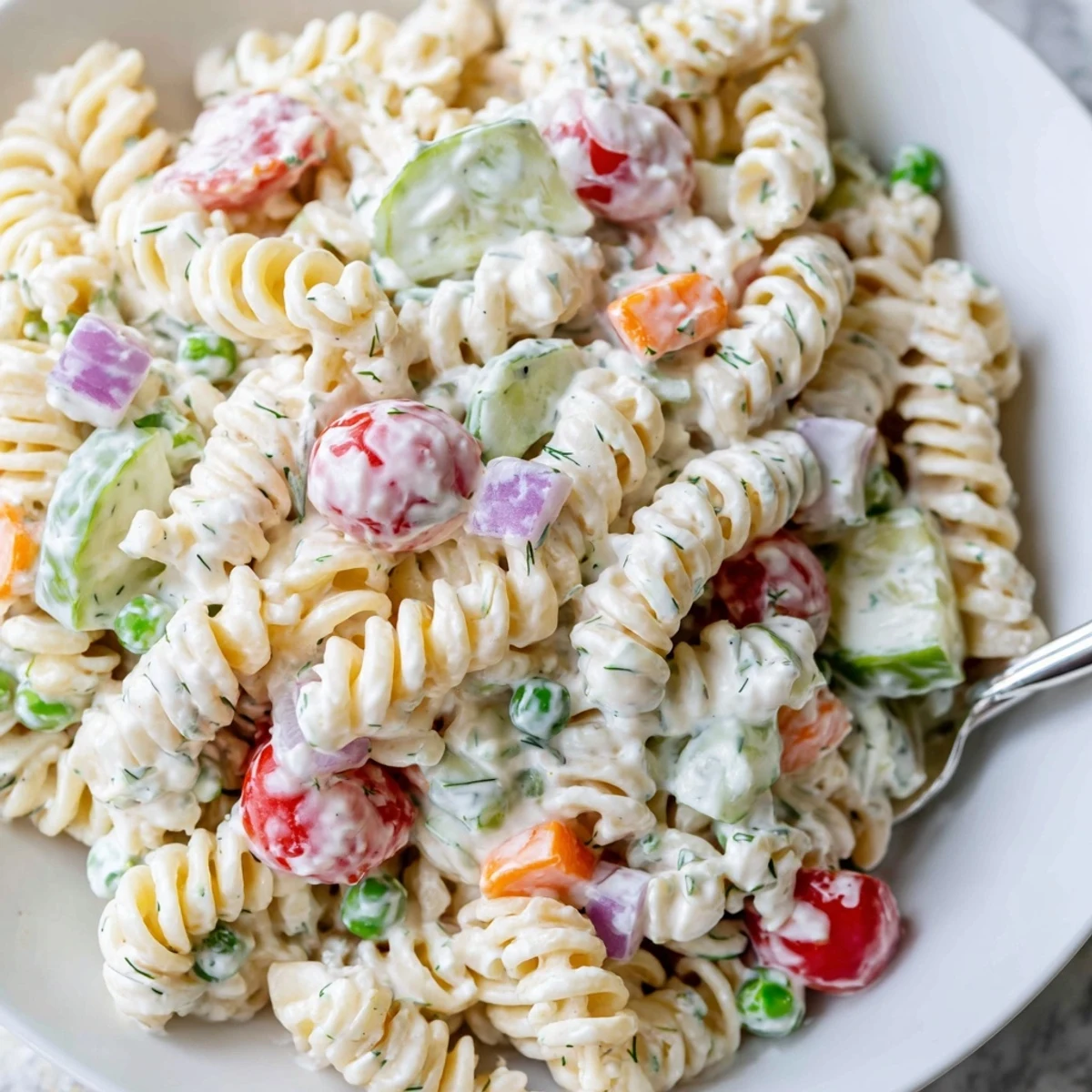 Creamy Ranch Pasta Salad in a white bowl with colorful vegetables and herbs