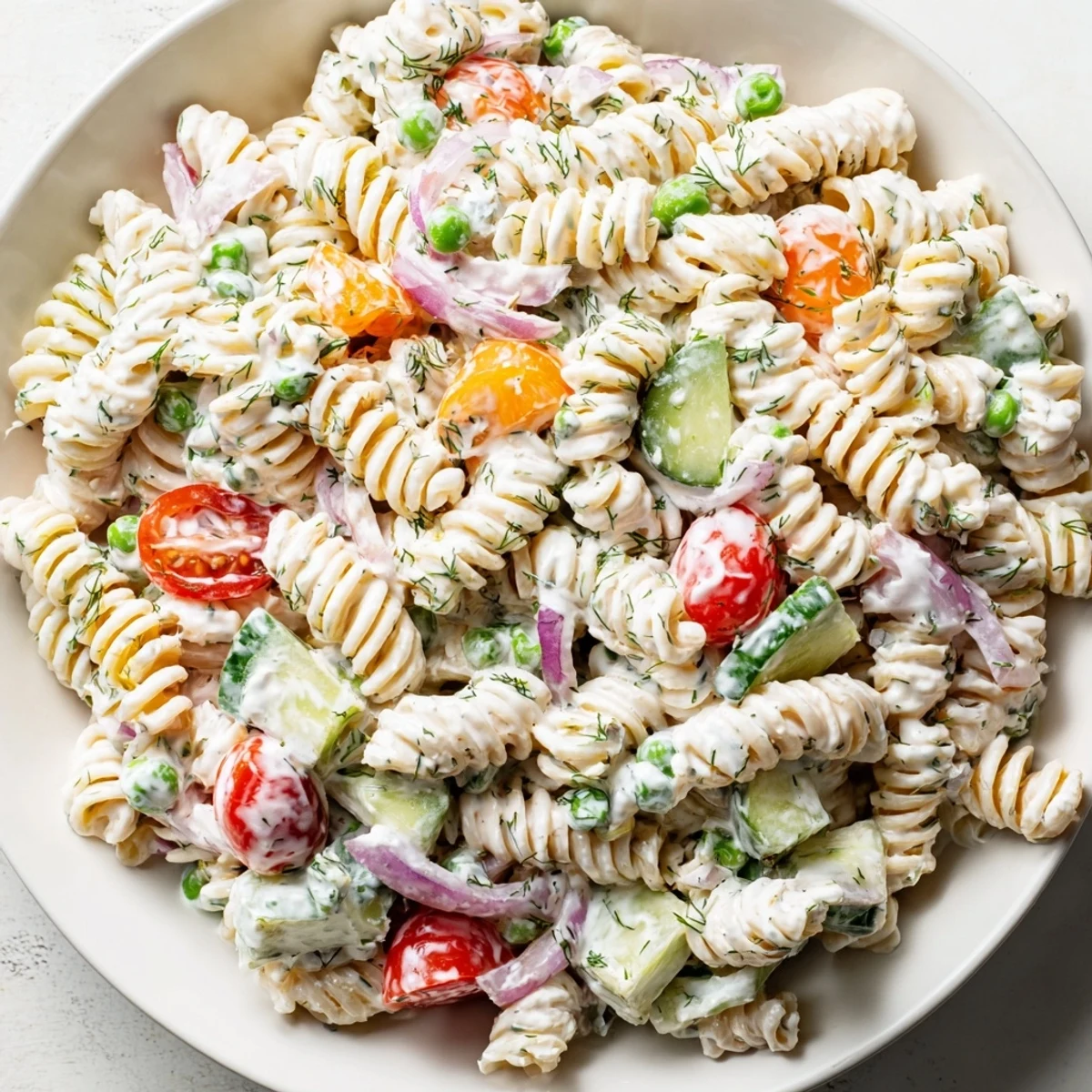 Chilled creamy ranch pasta salad with cherry tomatoes cucumbers and bell peppers on a rustic table