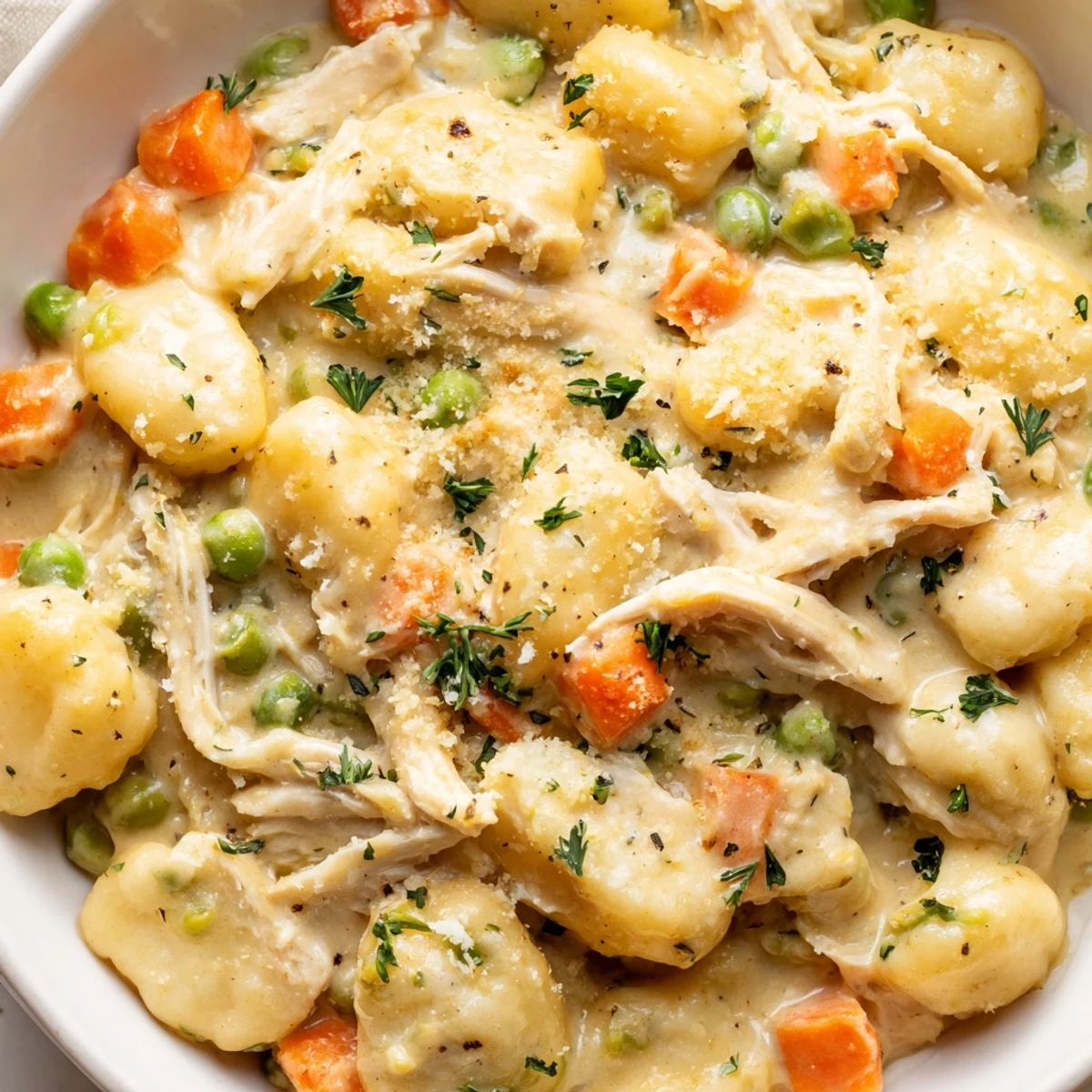 Creamy one pot gnocchi chicken pot pie with tender vegetables in golden savory sauce