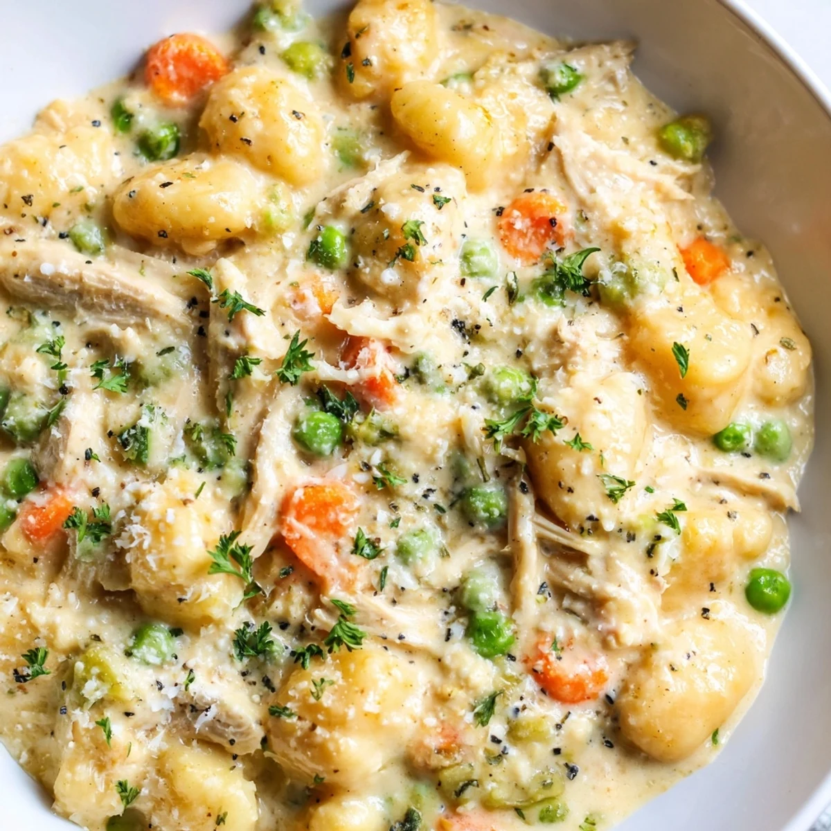 Golden one pot gnocchi chicken pot pie topped with fresh parsley garnish