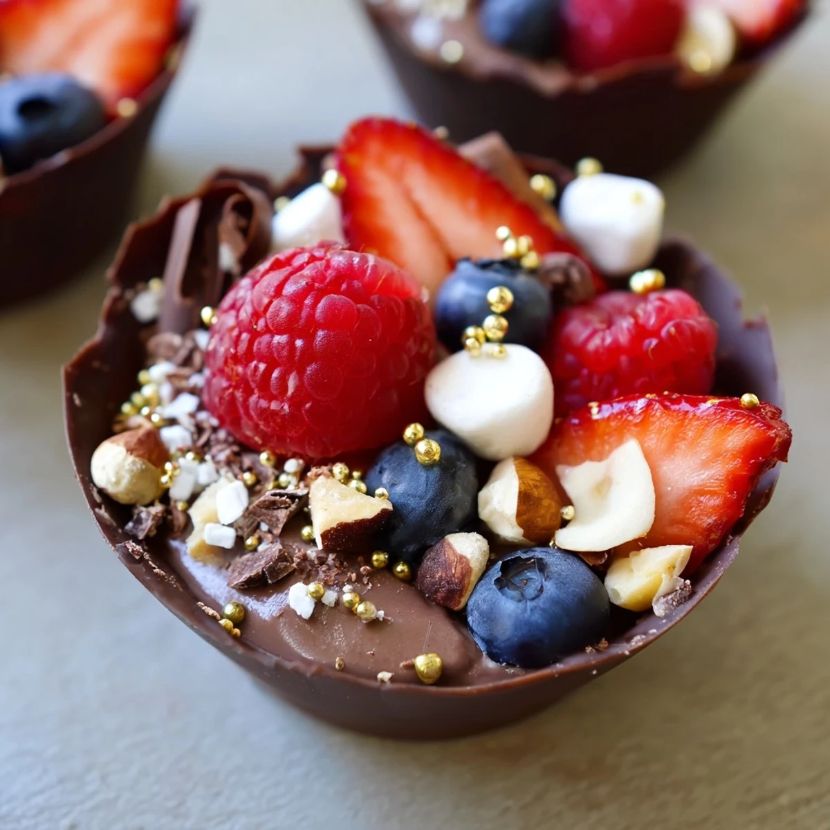 Dark chocolate grazing cups filled with silky mousse and topped with fresh berries