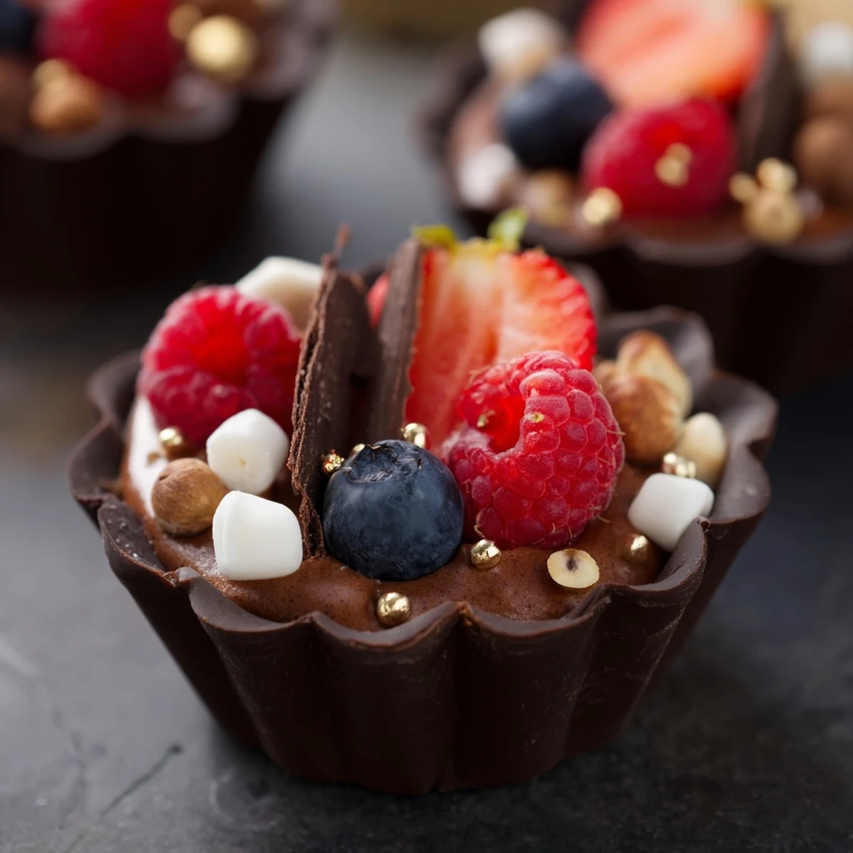 Elegant chocolate dessert cups featuring creamy mousse and crunchy nut garnishes