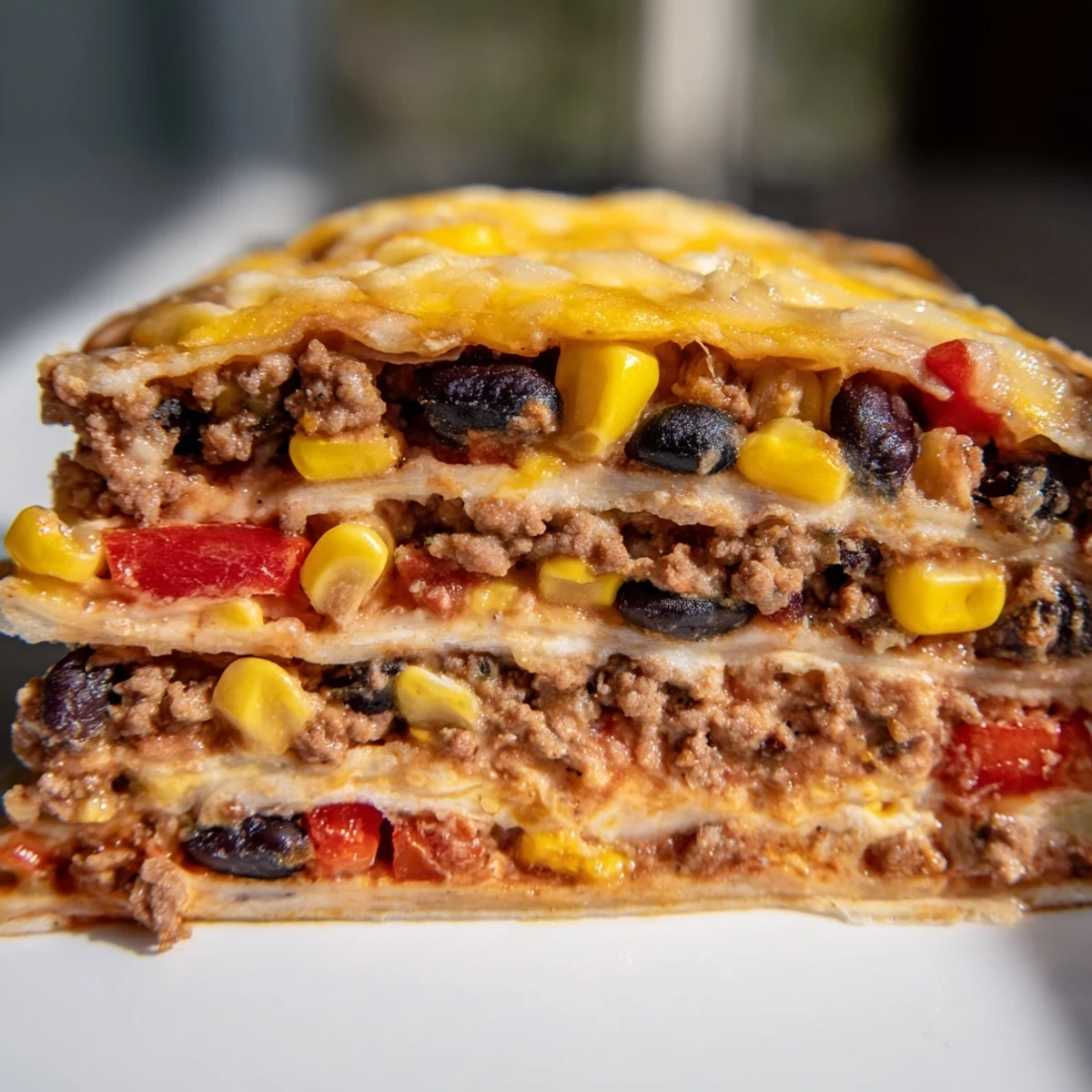 Golden melted cheese tops this hearty Mexican lasagna with layers of seasoned beef and tortillas