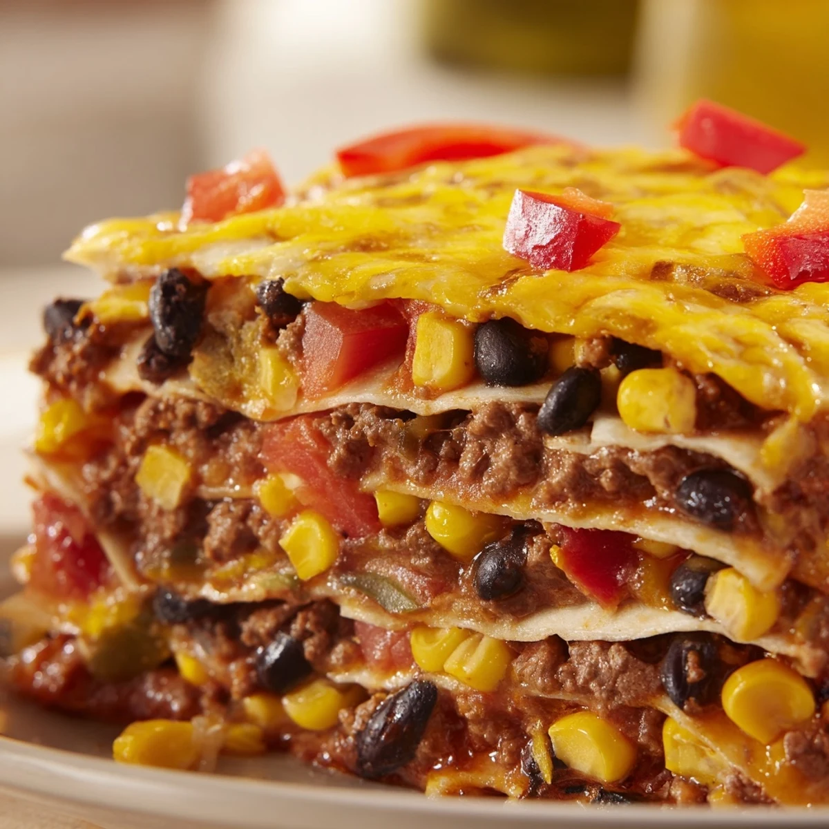 Mexican lasagna with bubbling cheese, zesty tomato sauce, and colorful peppers fresh from the oven