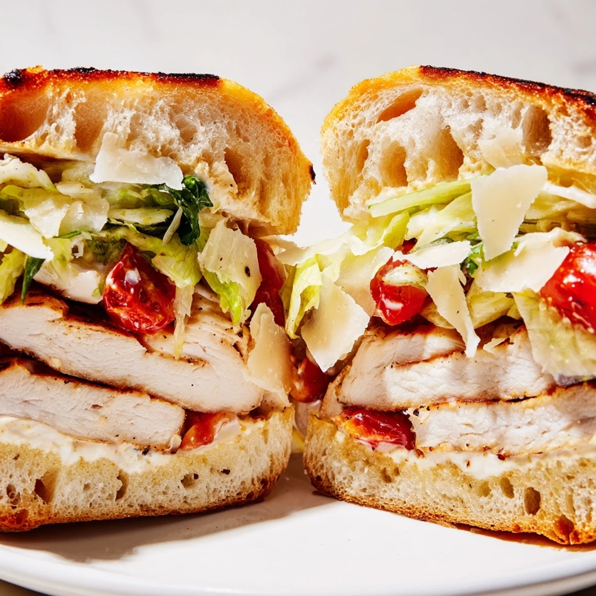 Juicy grilled chicken Caesar sandwich piled high with crisp romaine and shaved Parmesan on golden toasted ciabatta