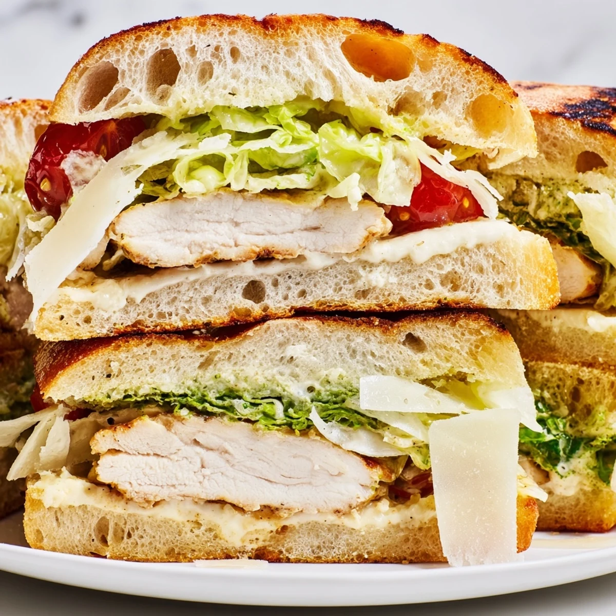 Crisp romaine and creamy Caesar dressing top this warm grilled chicken Caesar sandwich on crusty artisan bread