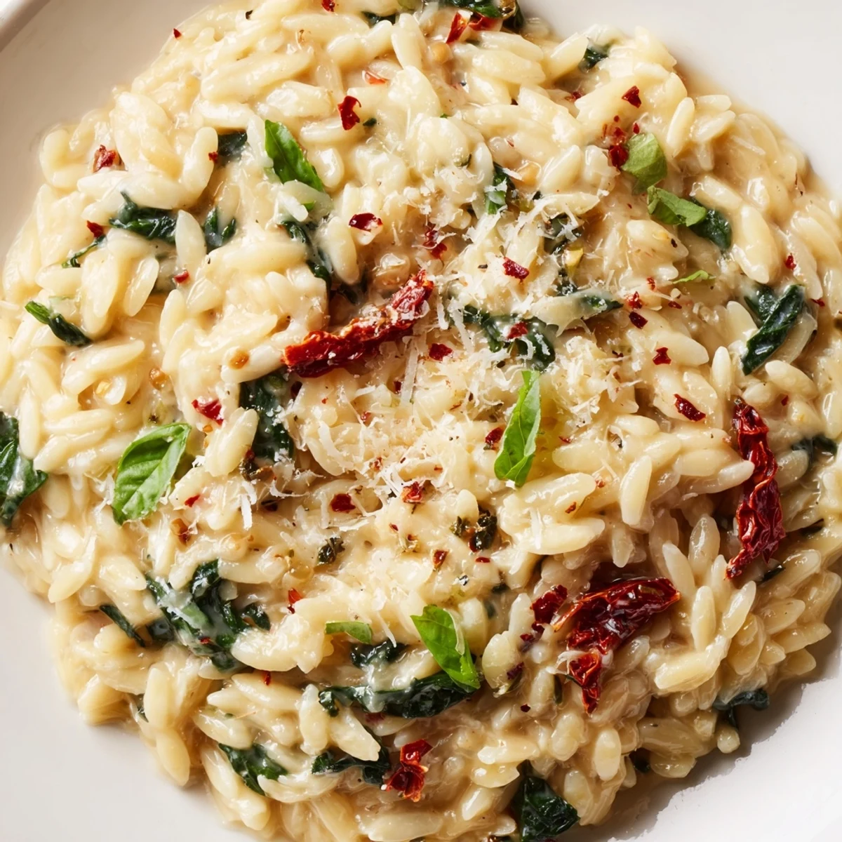 Creamy Tuscan orzo in a skillet with wilted spinach, sun-dried tomatoes, and melted Parmesan