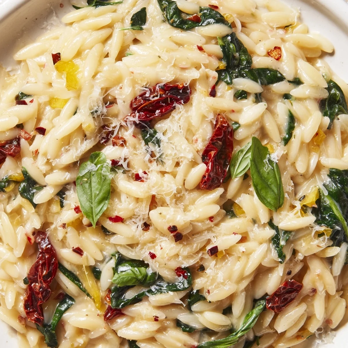 Creamy Tuscan orzo served in a white bowl topped with fresh basil leaves