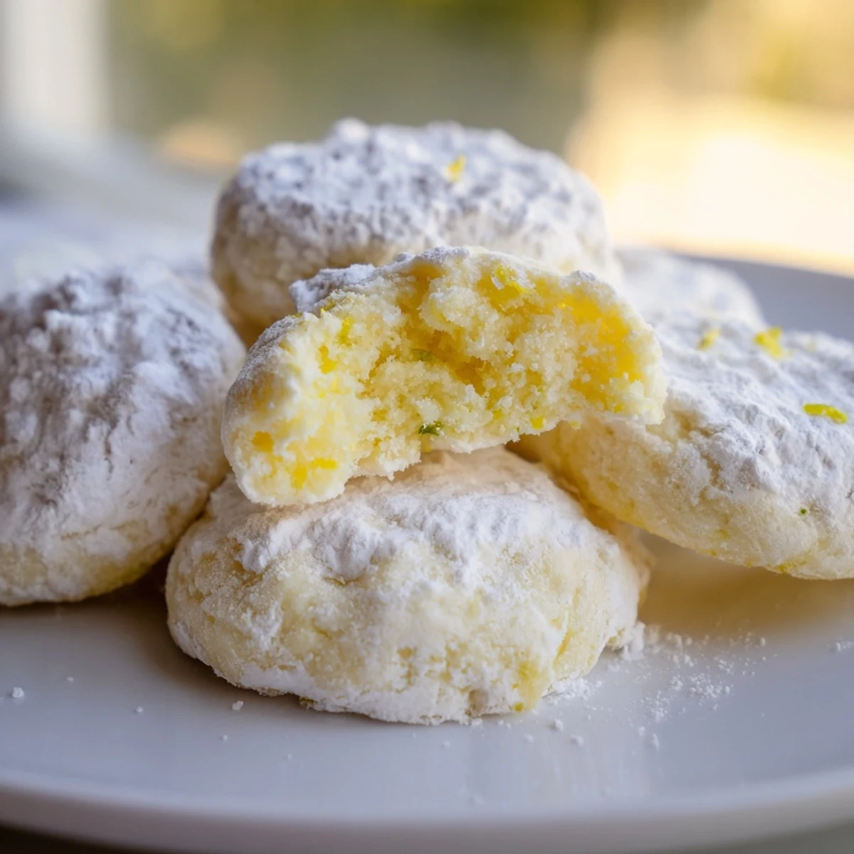Powdered sugar coated Lemon Meltaways arranged on rustic wooden serving board