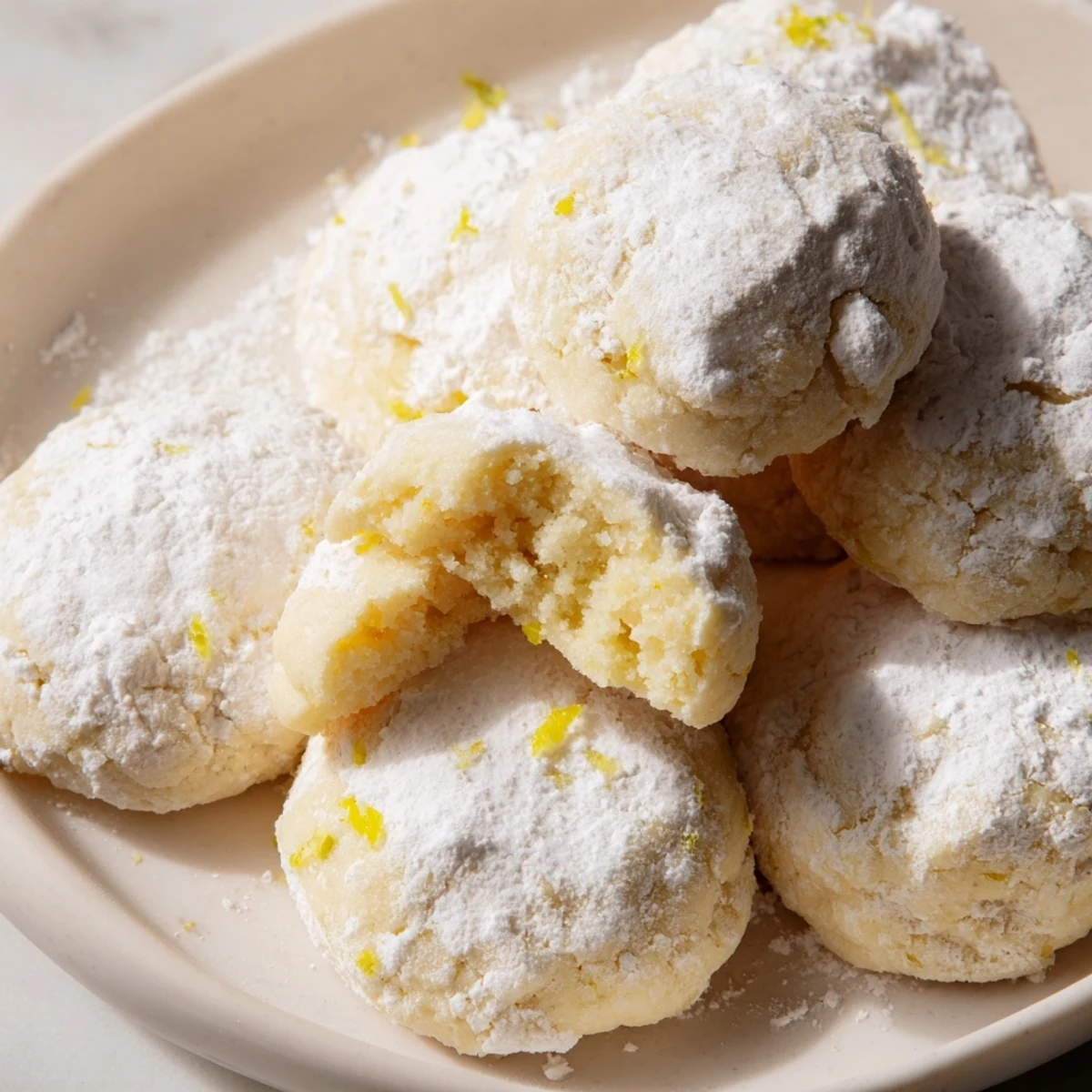 Golden edged Lemon Meltaways dusted with snowy powdered sugar coating