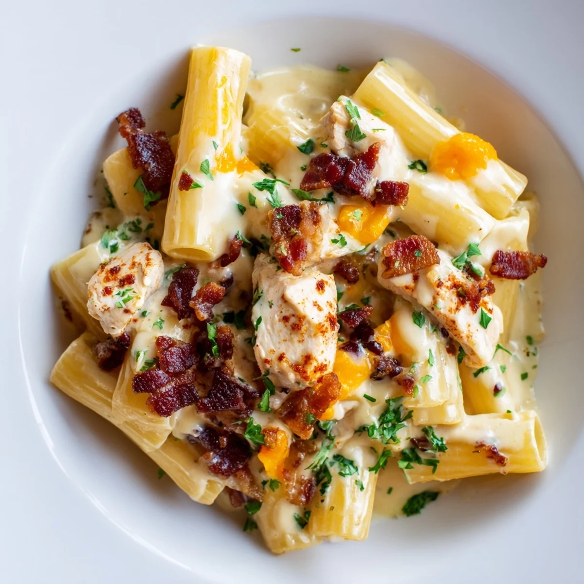 Creamy crack chicken pasta topped with crispy beef bacon and fresh herbs in golden sauce