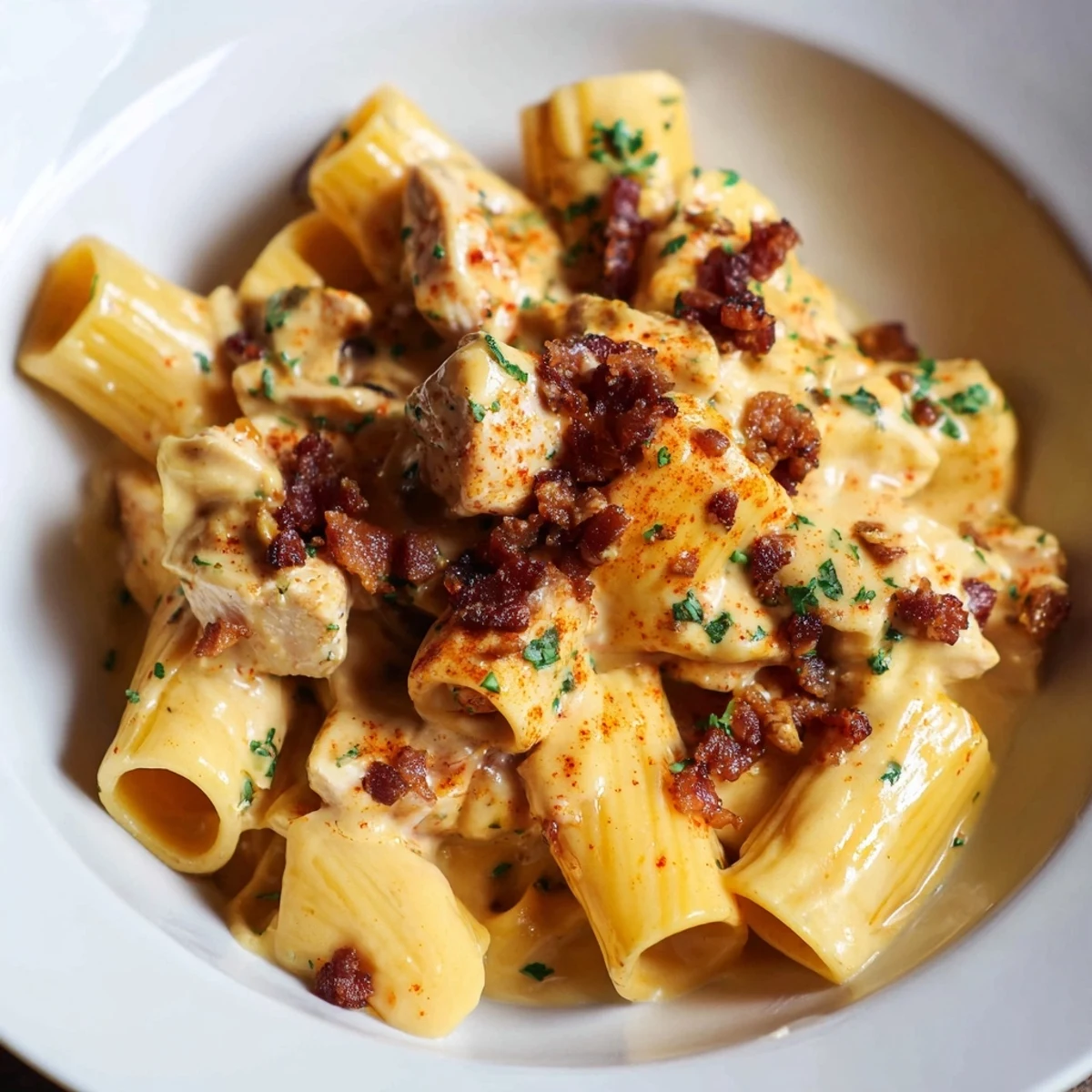 Steaming plate of crack chicken pasta with tender meat rich cheese sauce and crispy bacon