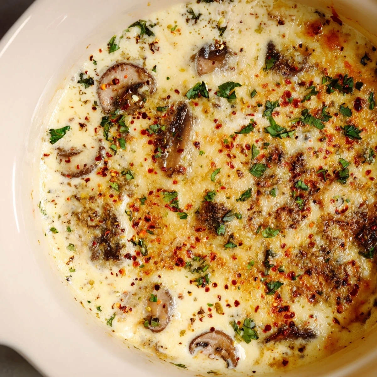 Golden bubbly stuffed mushroom dip served warm in a cast iron skillet
