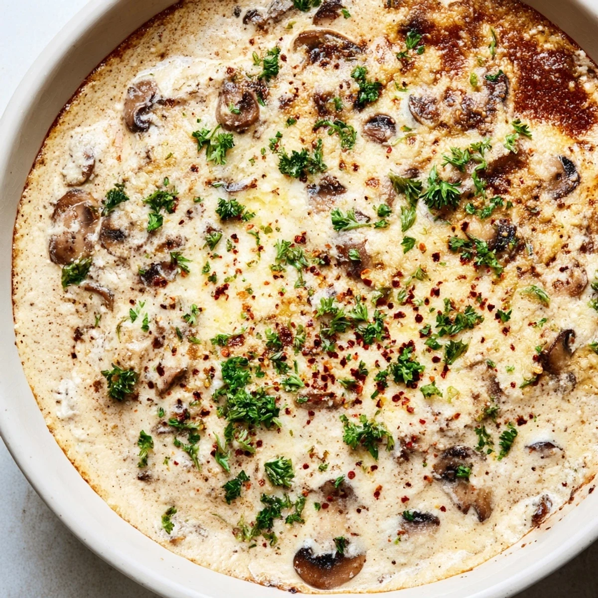 Creamy stuffed mushroom dip with melted mozzarella and fresh parsley garnish