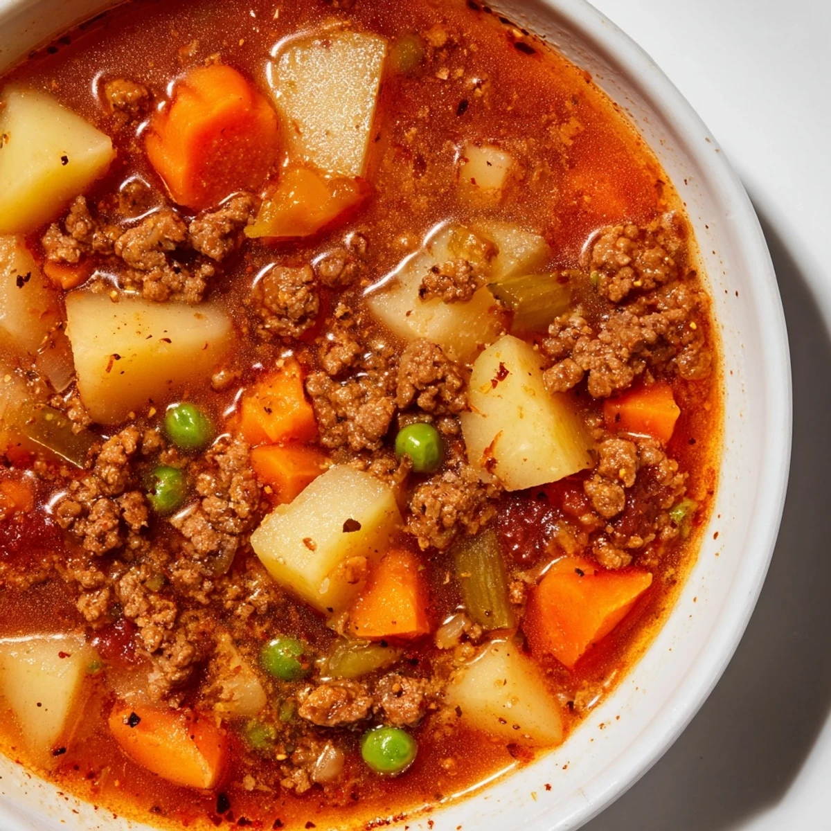 Hearty ground beef and potato soup brimming with tender vegetables in steaming bowl