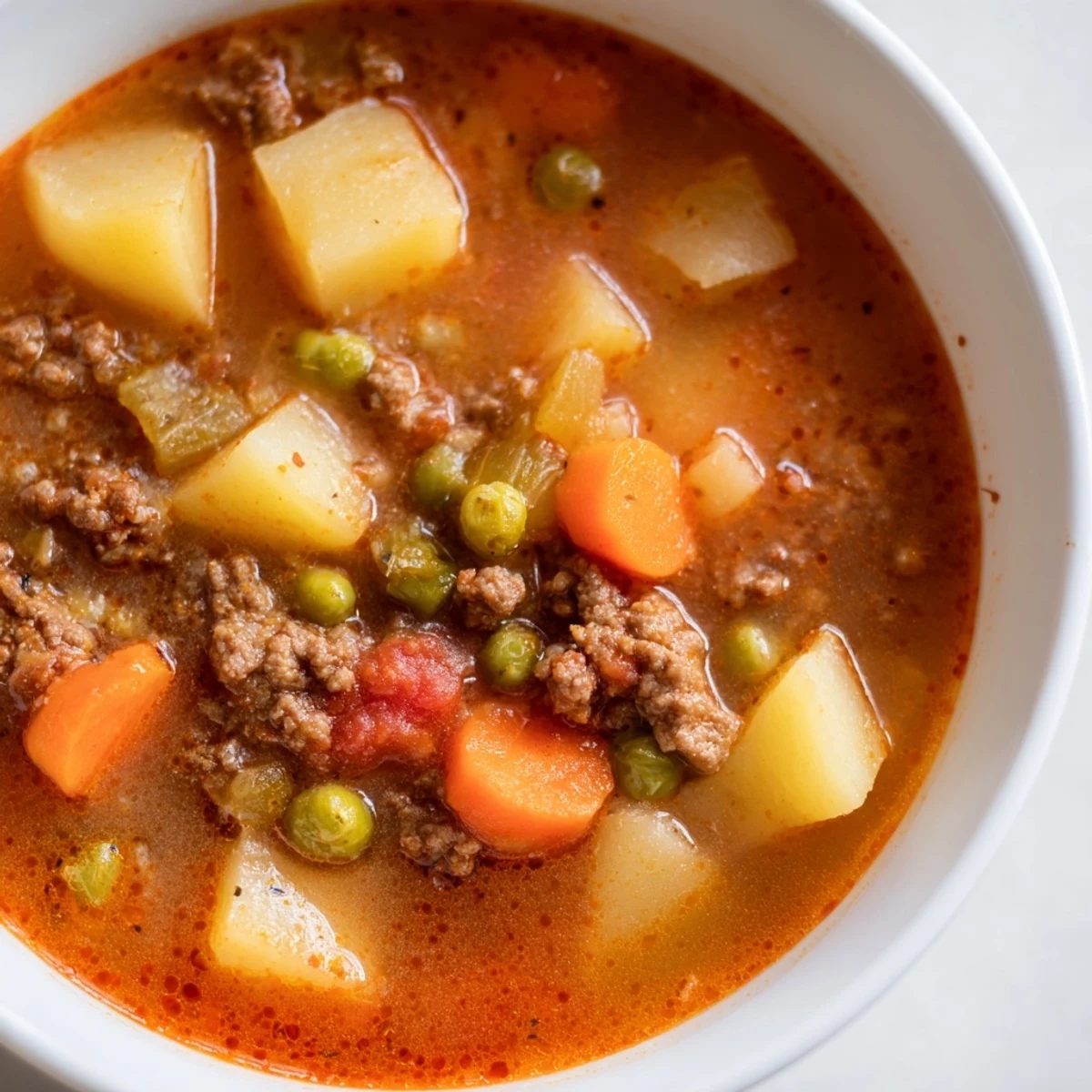 Steaming bowl of ground beef and potato soup with carrots and peas