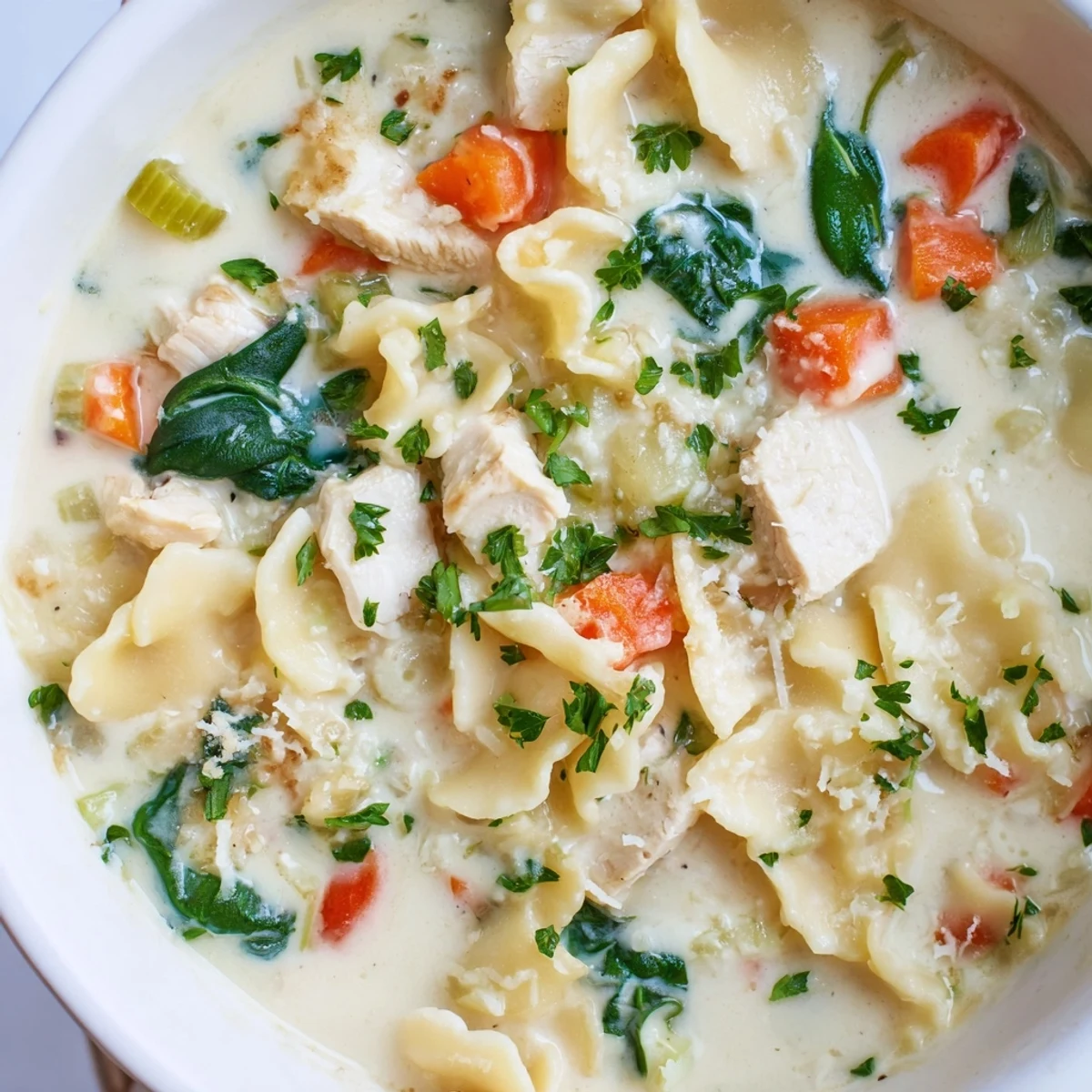 Creamy Italian white lasagna soup in a white bowl topped with fresh parsley and Parmesan cheese