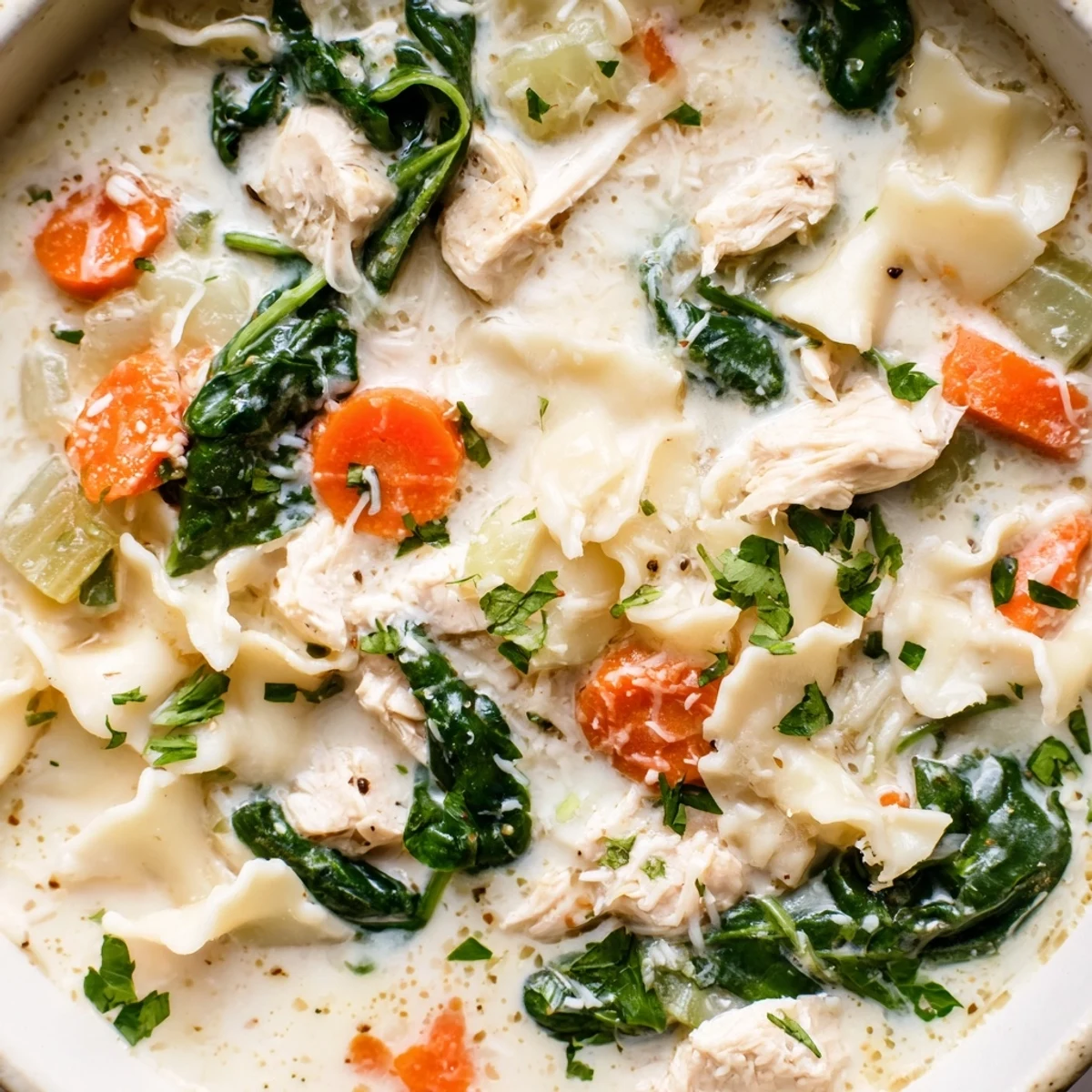 Steaming bowl of Italian white lasagna soup with tender chicken spinach and broken noodle pieces