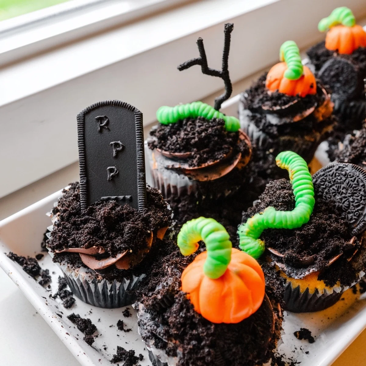 Pull Apart Graveyard Cupcakes frosted with chocolate and topped with cookie dirt and gummy worms