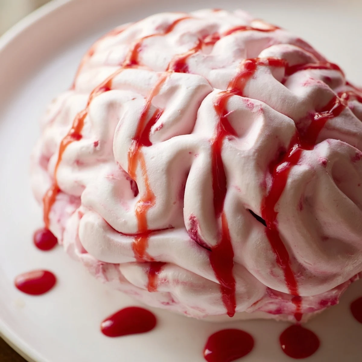 Creepy no bake strawberry cheesecake brain with pink chocolate folds and berry drizzle