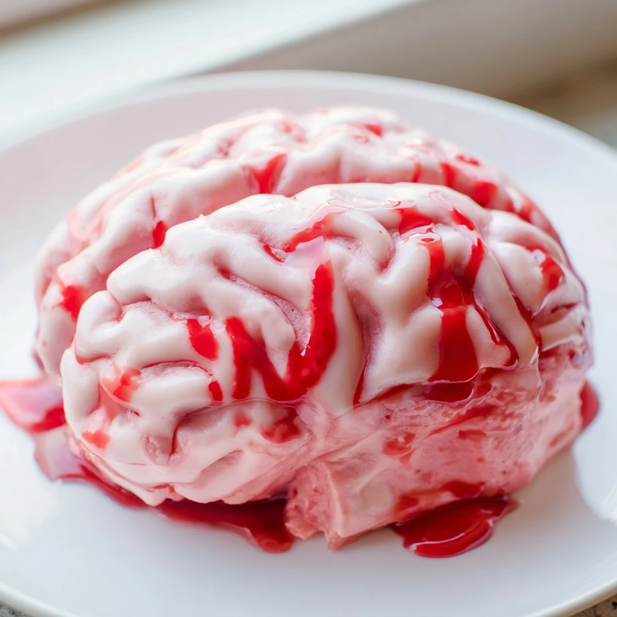 Spooky no bake strawberry cheesecake shaped like a brain on a dark plate
