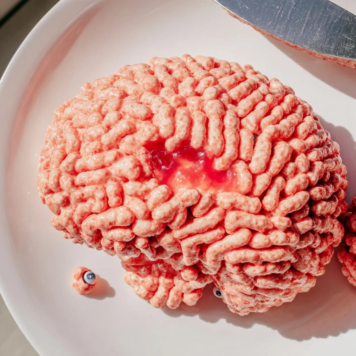A pink crispy rice cereal brain oozing with bright red berry filling on a Halloween party platter