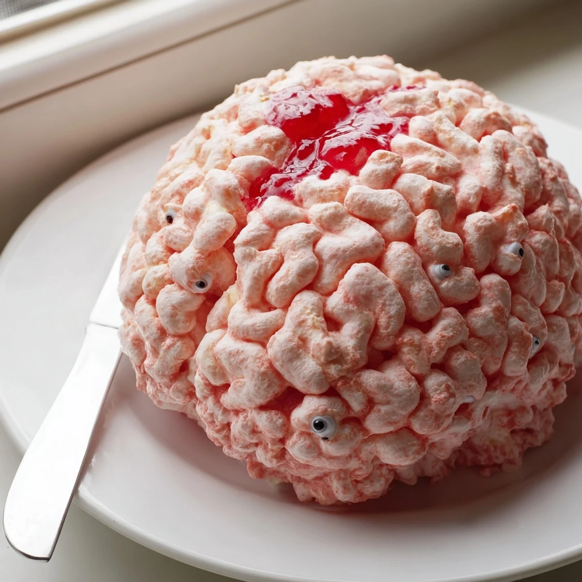 Spooky stuffed crispy rice cereal brain sliced open to reveal a gooey raspberry jam center