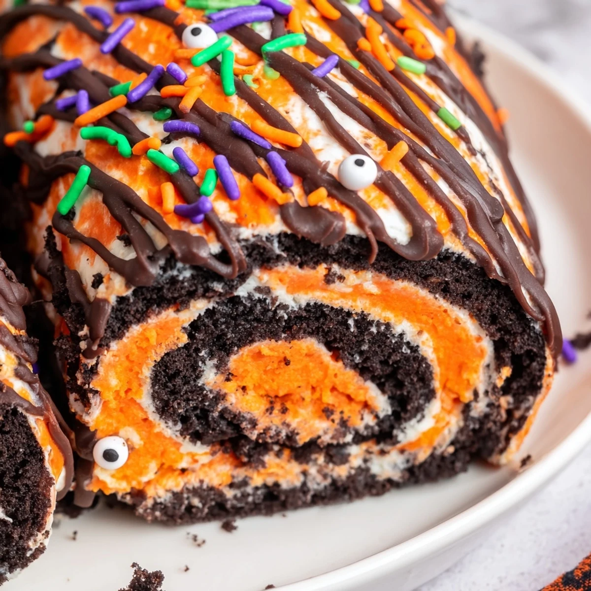 A slice of Halloween Oreo Roll drizzled with chocolate and topped with candy eyes on a festive plate