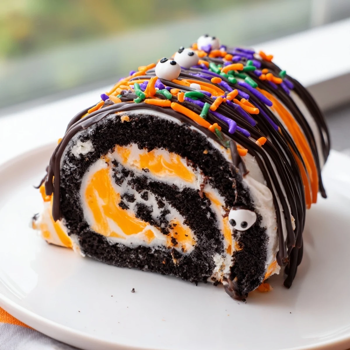 Halloween Oreo Roll displayed as a chilled no-bake dessert log with vibrant orange whipped cream filling