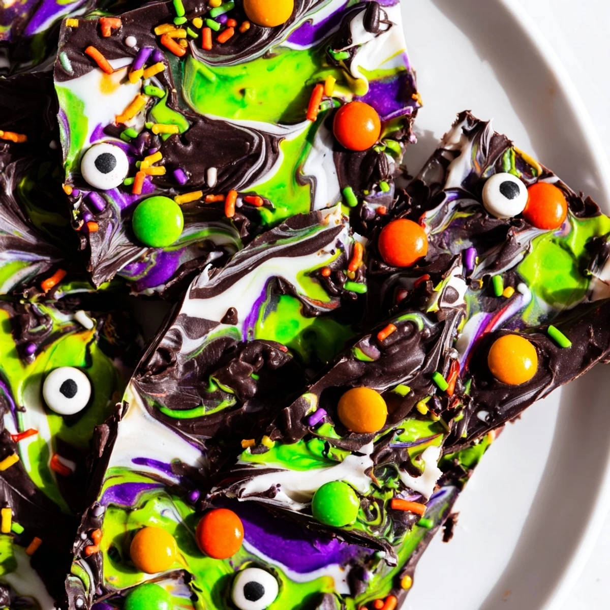 Melting Witches Bark with swirled chocolates, candy eyes, and colorful sprinkles