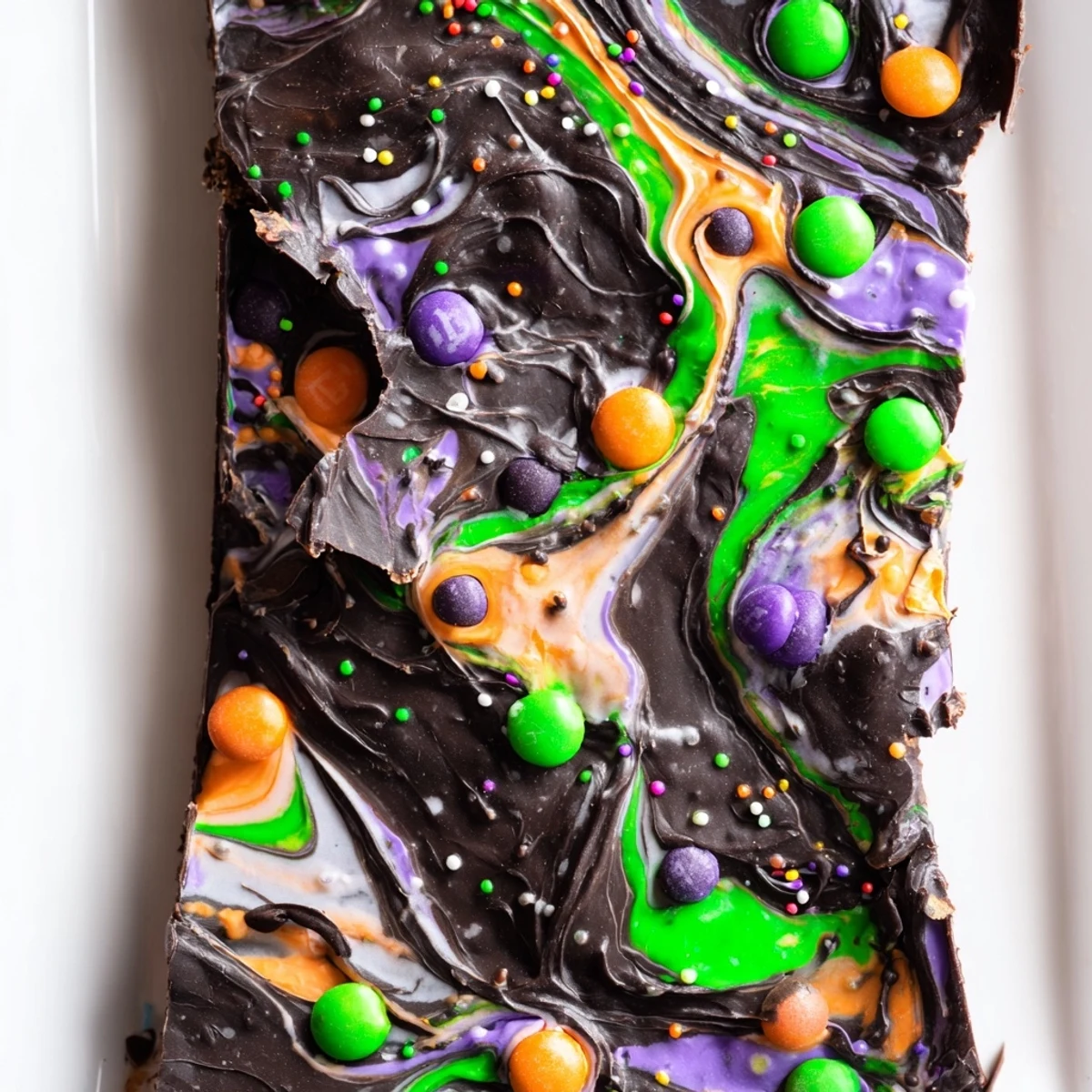 Dark and white chocolate Melting Witches Bark topped with spooky candy eyes