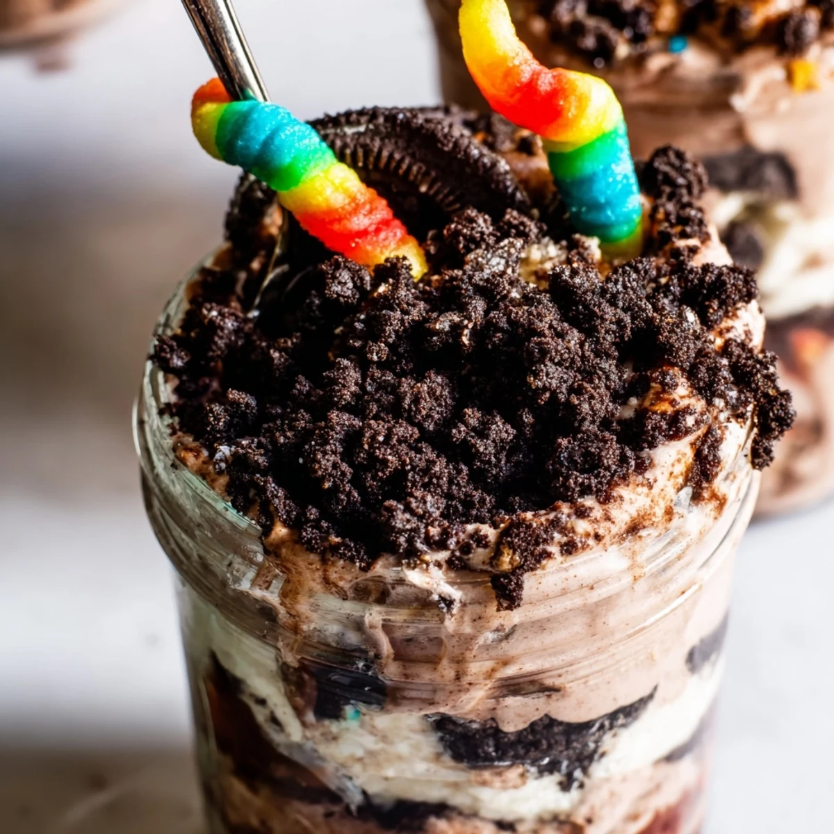 Creamy dirt pudding cups with chocolate cookie crumbs and playful gummy worms