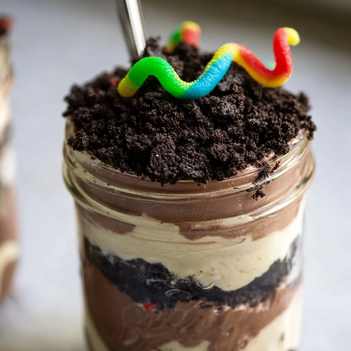 Fun dirt pudding dessert topped with Oreo crumbles and colorful gummy worms