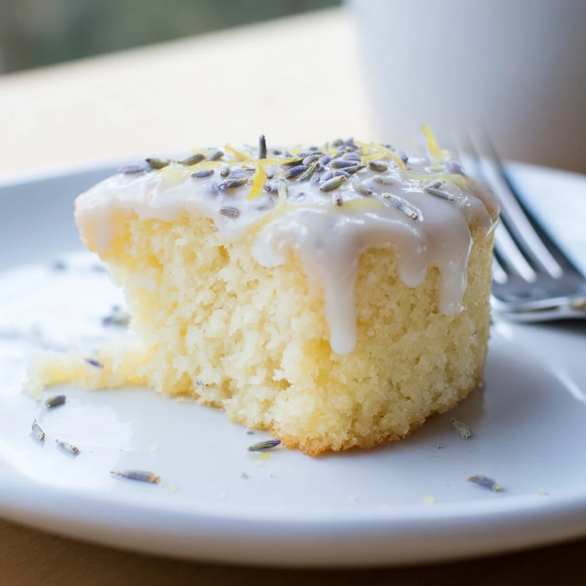 A batch of mini lemon cakes with lavender glaze garnished with fresh zest