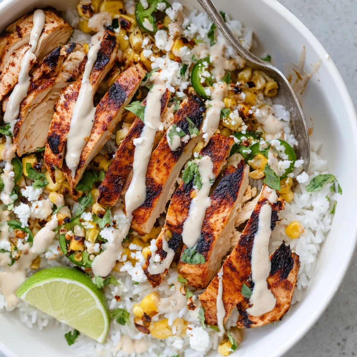 Juicy grilled chicken over rice in a colorful street corn chicken rice bowl